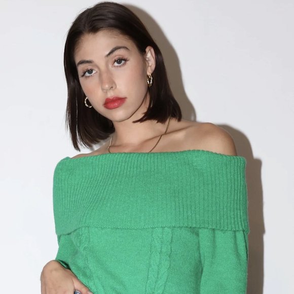 Haley Off Shoulder Sweater In Green - Picture 1 of 10